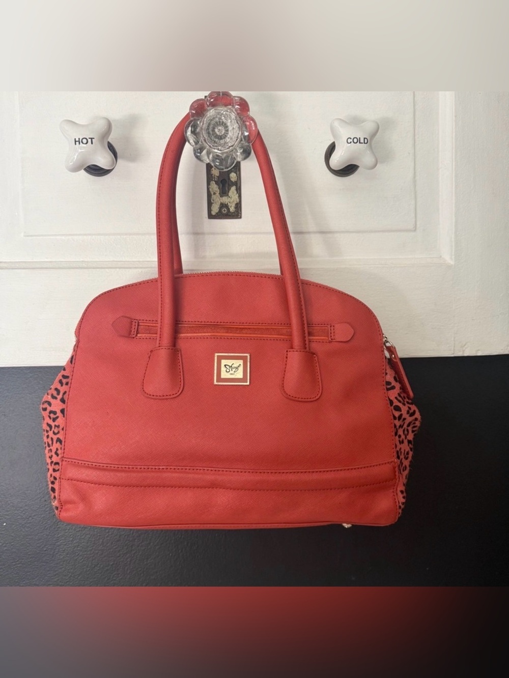 Sharif 1827 Satchel Large Coral Red Saffiano Leather Leopard Good Crossbody